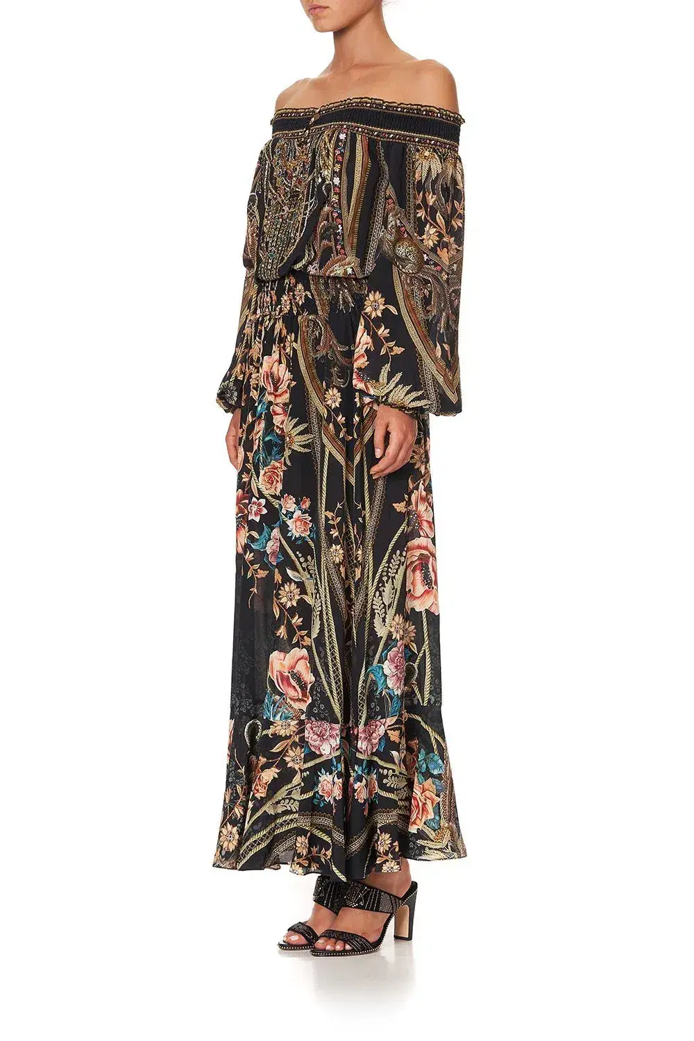 CAMILLA Off Shoulder Shirred Silk Maxi Dress Print Size S/Au 10  - Image 4