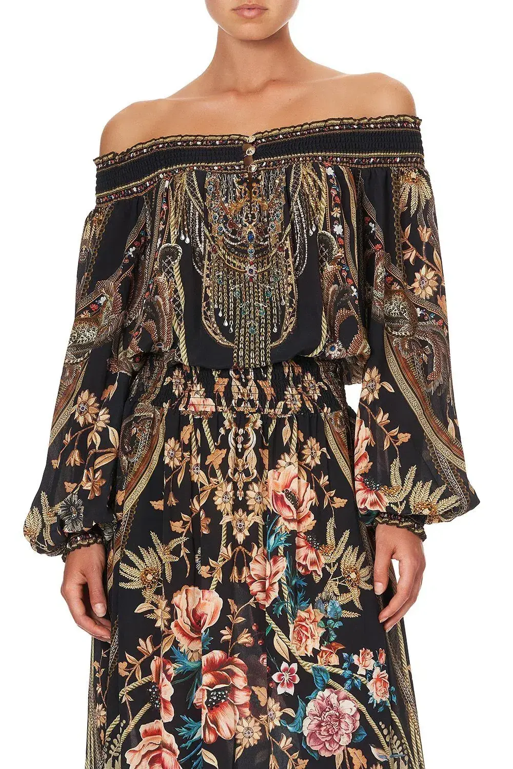 CAMILLA Off Shoulder Shirred Silk Maxi Dress Print Size S/Au 10  - Image 7