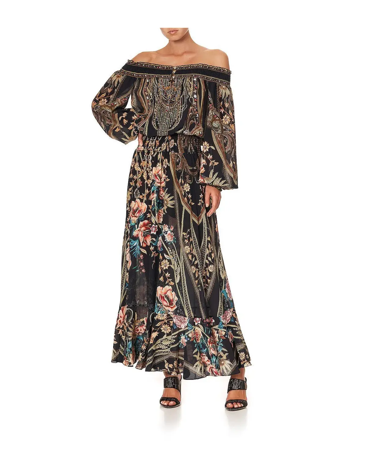 CAMILLA Off Shoulder Shirred Silk Maxi Dress Print Size S/Au 10  - Image 1