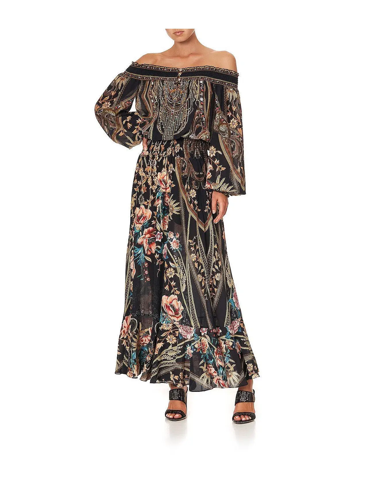 CAMILLA Off Shoulder Shirred Silk Maxi Dress Print Size S/Au 10  - Image 1