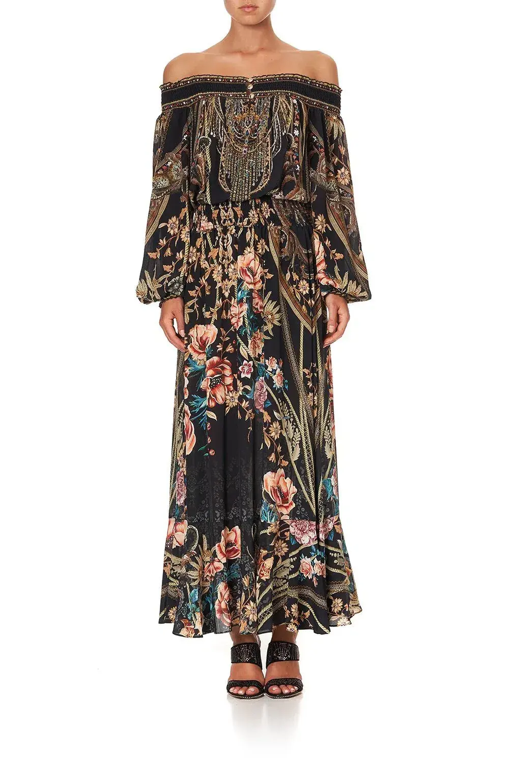 CAMILLA Off Shoulder Shirred Silk Maxi Dress Print Size S/Au 10  - Image 3