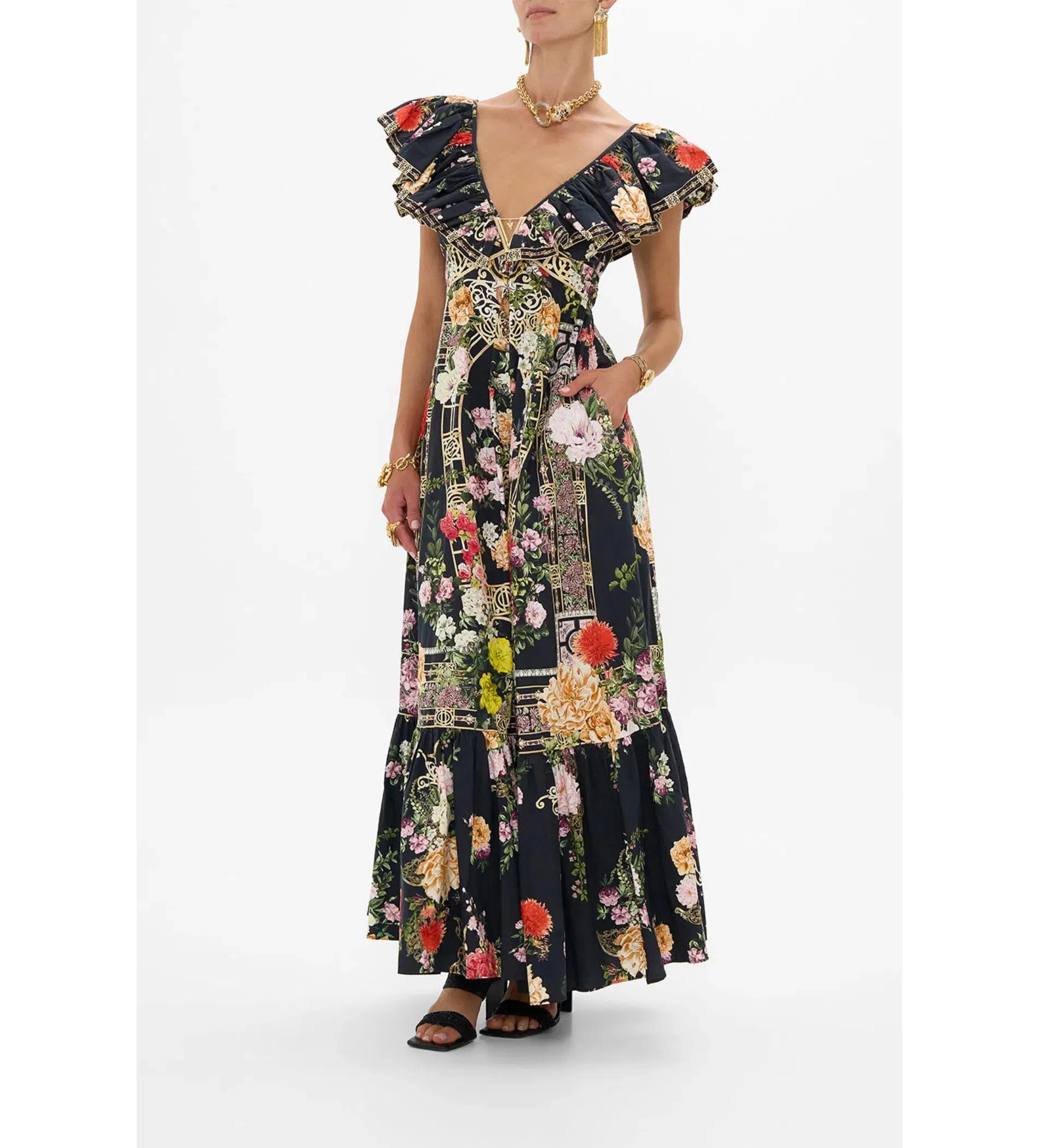 Camilla Frill Neck Dress Black/Floral Size 16  - Image 1
