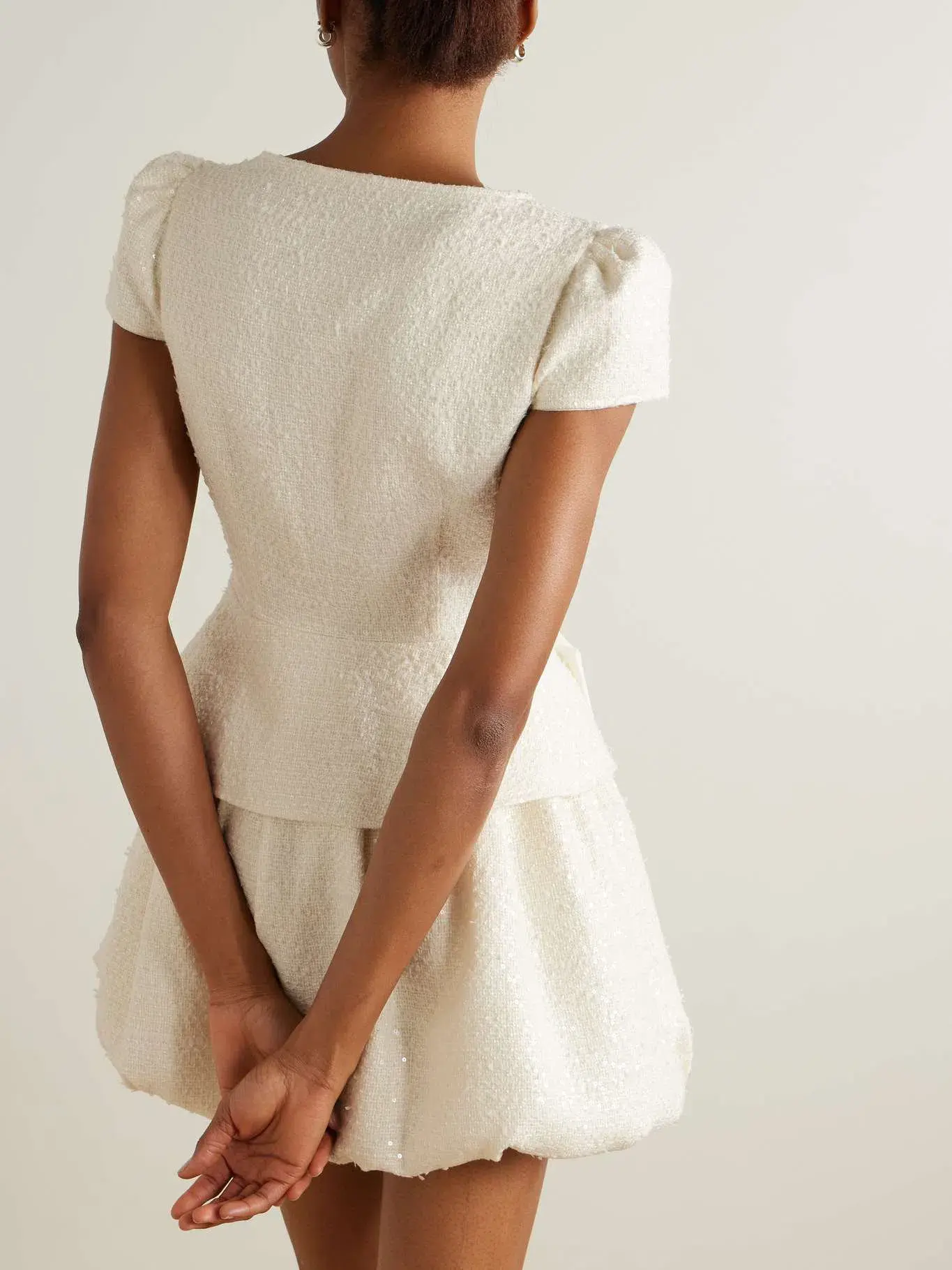 Self Portrait Embellished Sequined Bouclé Mini Dress Cream Size 8 - Image 3