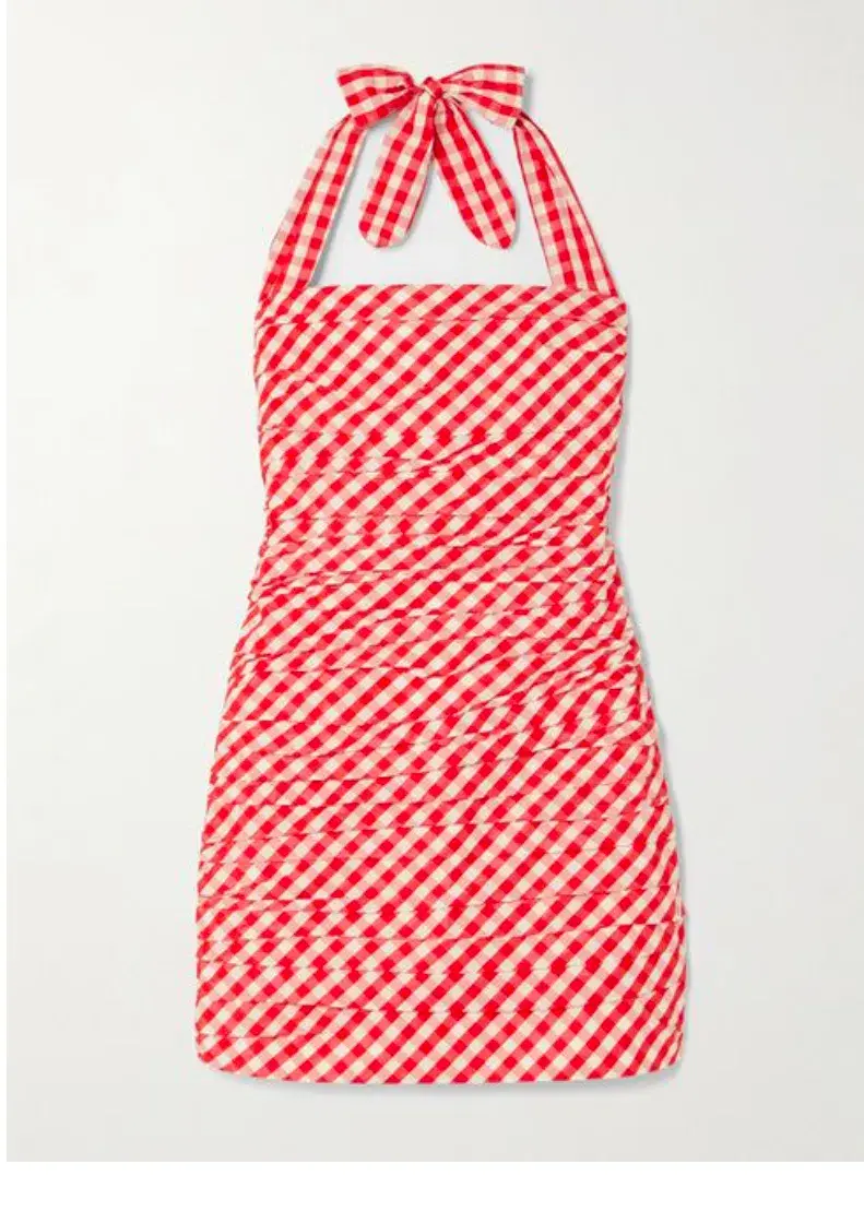 Bernadette Tippy Gingham Pleated Taffeta Halterneck Mini Dress Red Size 6 - Image 3