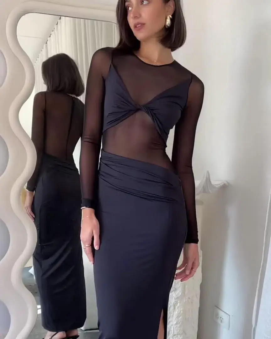 Suboo Auguste Long Sleeve Mesh Jersey Maxi Dress Black Size XS / AU 6 for rent on The Volte - main image