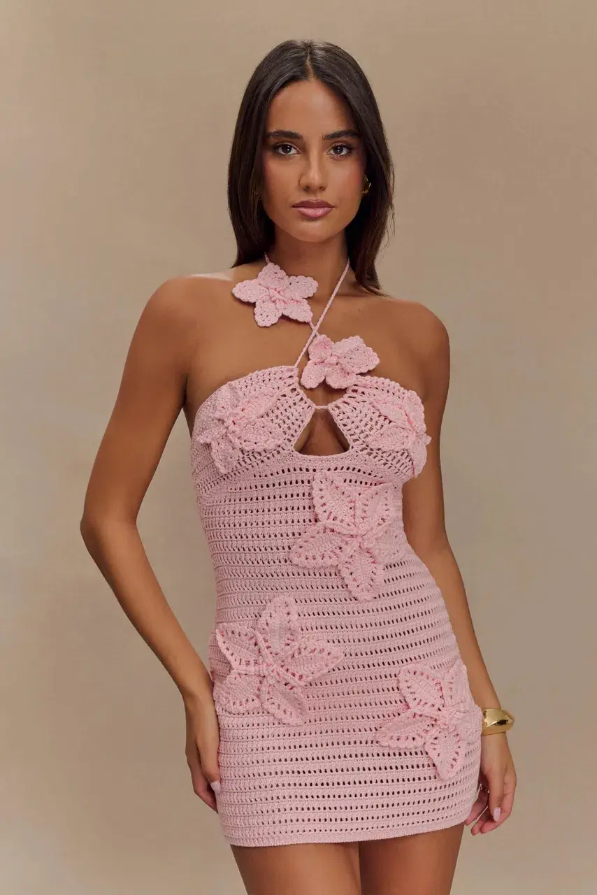 Meshki Kyla Floral Crochet Mini Dress Pink Size XS / AU 6 for rent on The Volte - main image