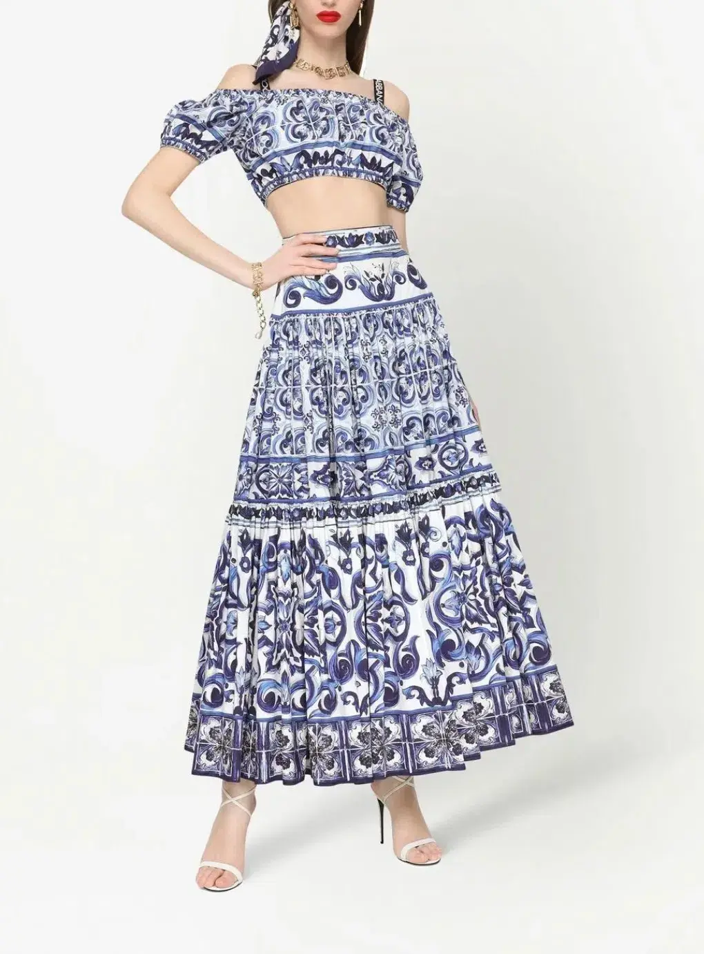Dolce & Gabbana Majolica Top and Maxi Skirt Set Blue Size AU 8  - Image 1