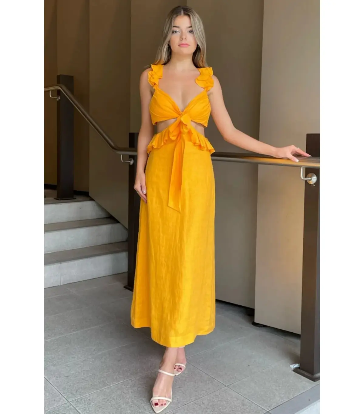 Zimmermann Orange Frill Midi Dress Orange Size 0 / AU 8 - Image 1