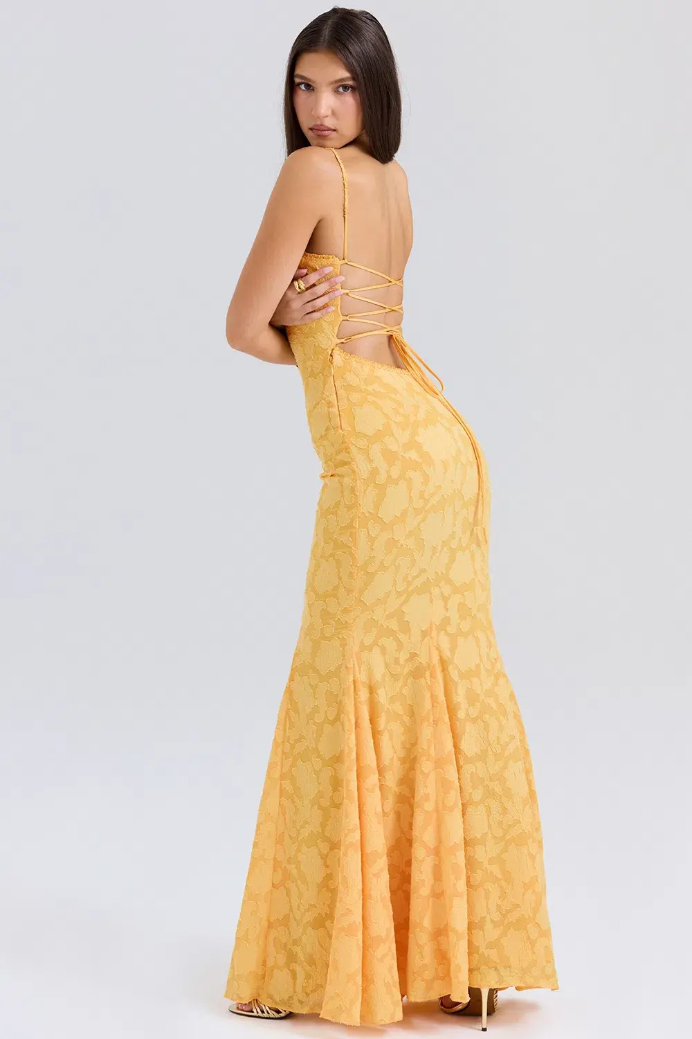 House of CB Joan Lace Up Back Maxi Dress Apricot Yellow Size 8 - Image 2