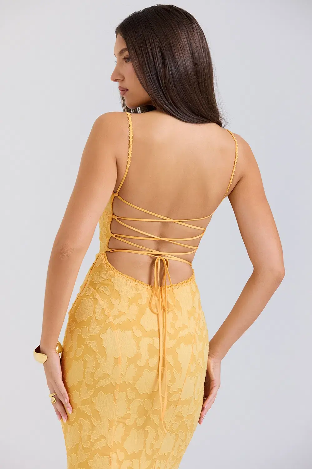 House of CB Joan Lace Up Back Maxi Dress Apricot Yellow Size 8 - Image 3