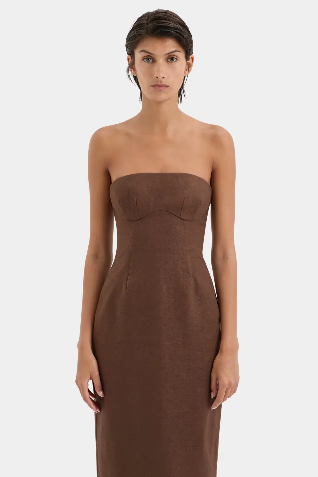 Sir the Label Evalita Column Midi Dress Chocolate Size 0 / AU 6 for rent on The Volte - main image