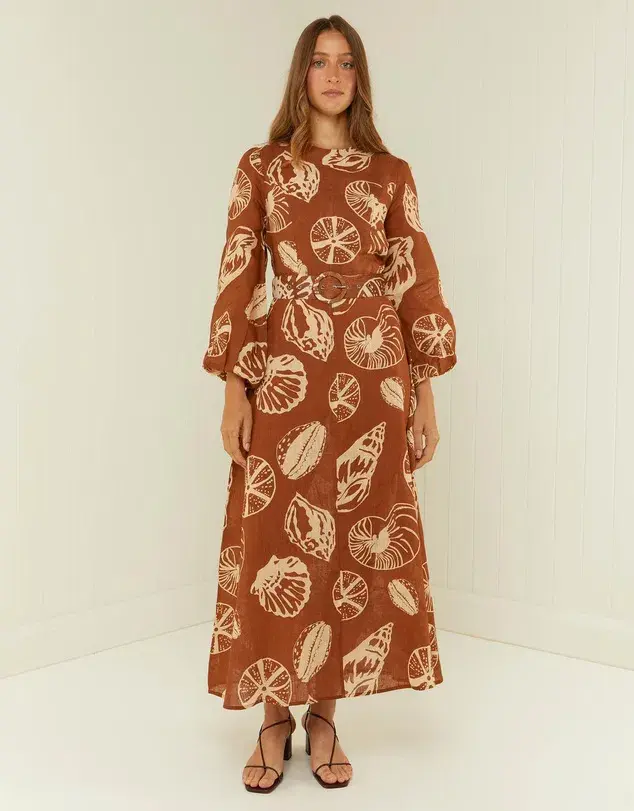 Palm Noosa Melrose Belted Long Sleeve Dress Brown Size 14  for rent on The Volte - main image