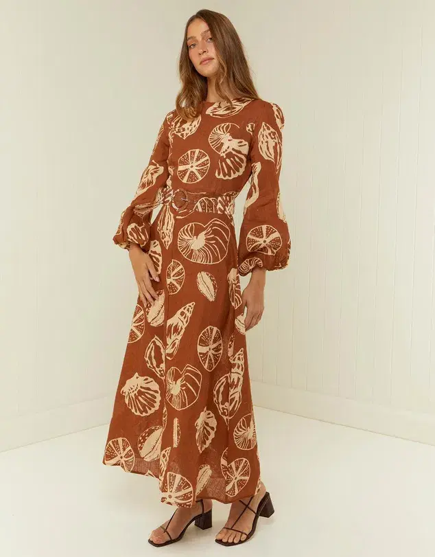 Palm Noosa Melrose Belted Long Sleeve Dress Brown Size 14  for rent on The Volte - main image