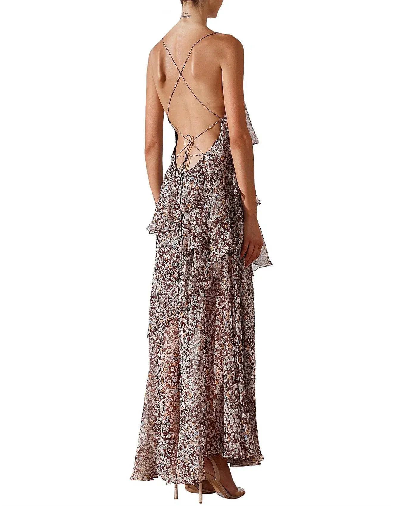 Shona Joy Garner Cross Back Tiered Maxi Dress  Retro Ditsy Floral Print In Chocolate Size 6 - Image 4