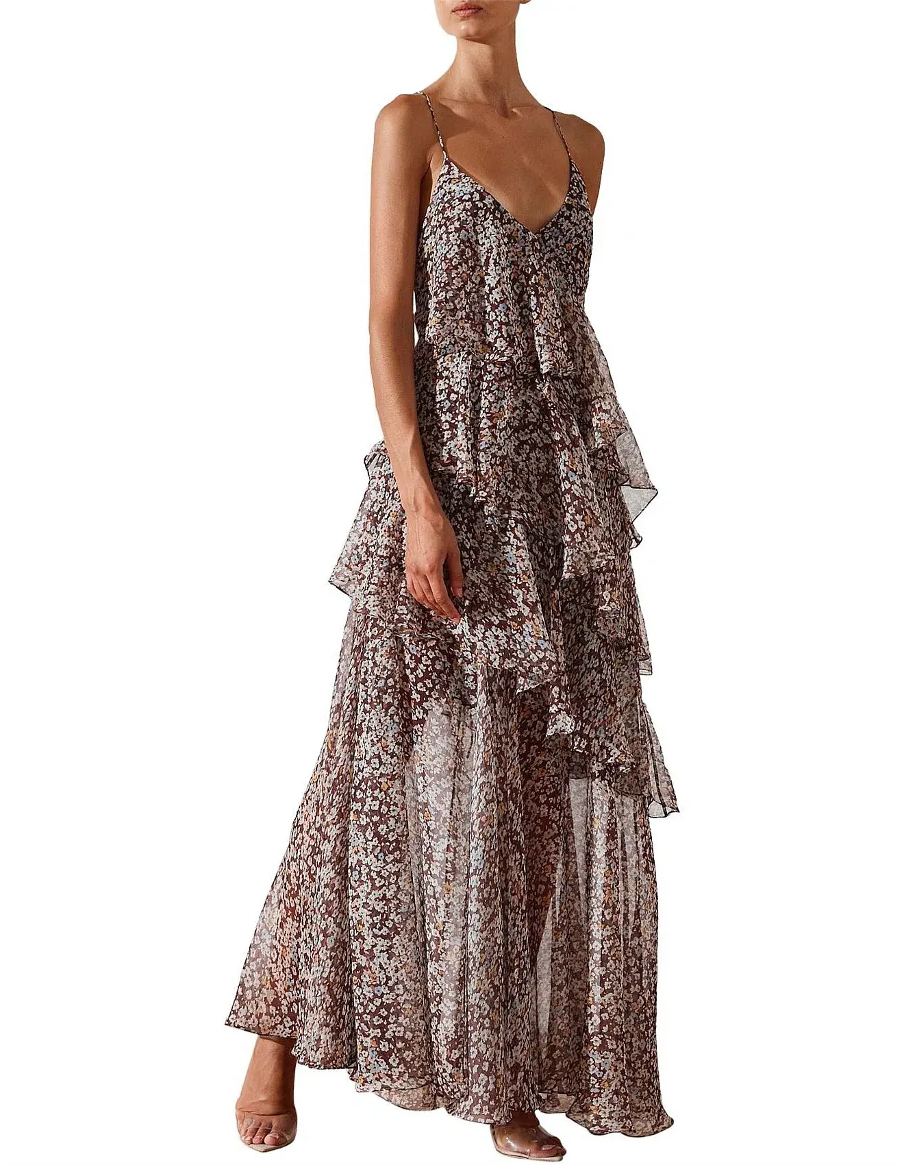 Shona Joy Garner Cross Back Tiered Maxi Dress  Retro Ditsy Floral Print In Chocolate Size 6 - Image 2