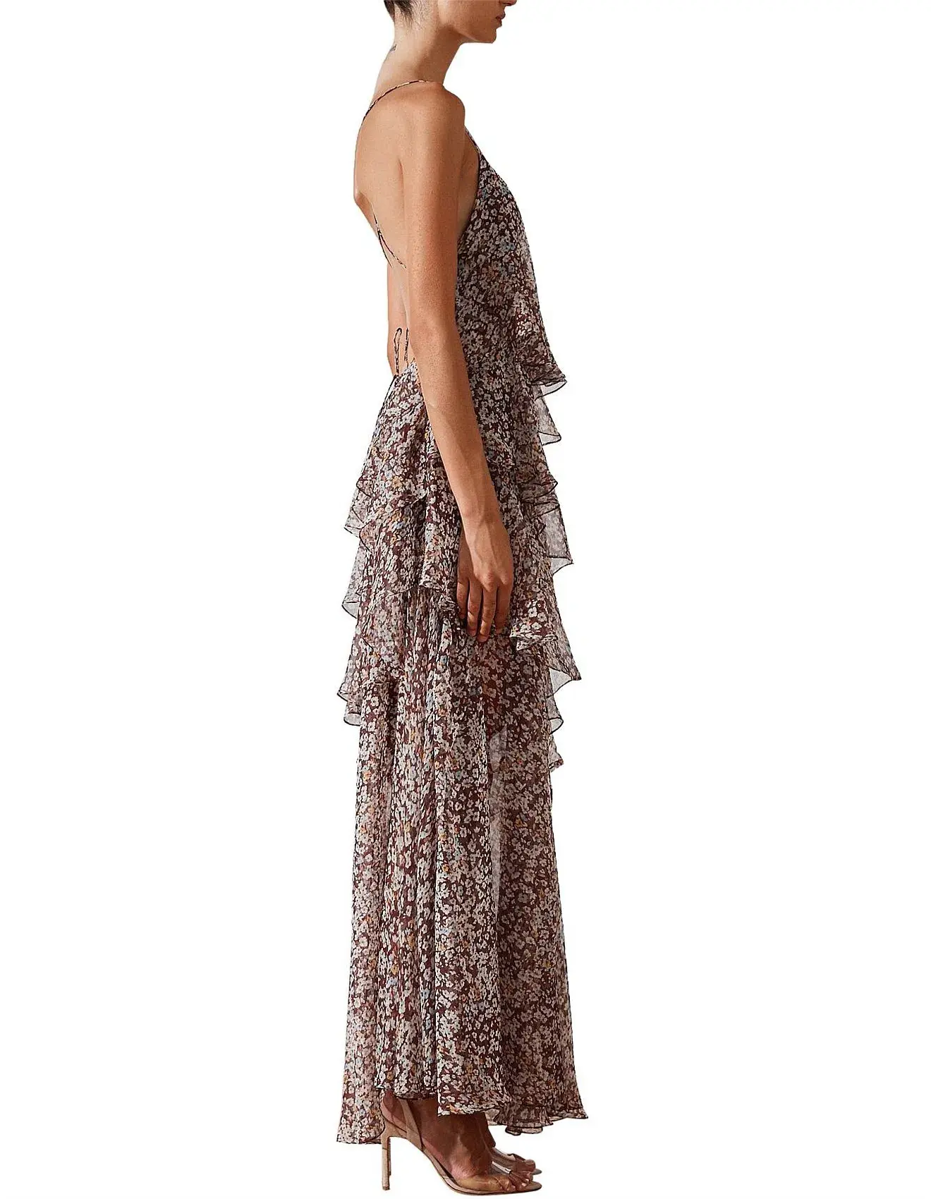 Shona Joy Garner Cross Back Tiered Maxi Dress  Retro Ditsy Floral Print In Chocolate Size 6 - Image 3