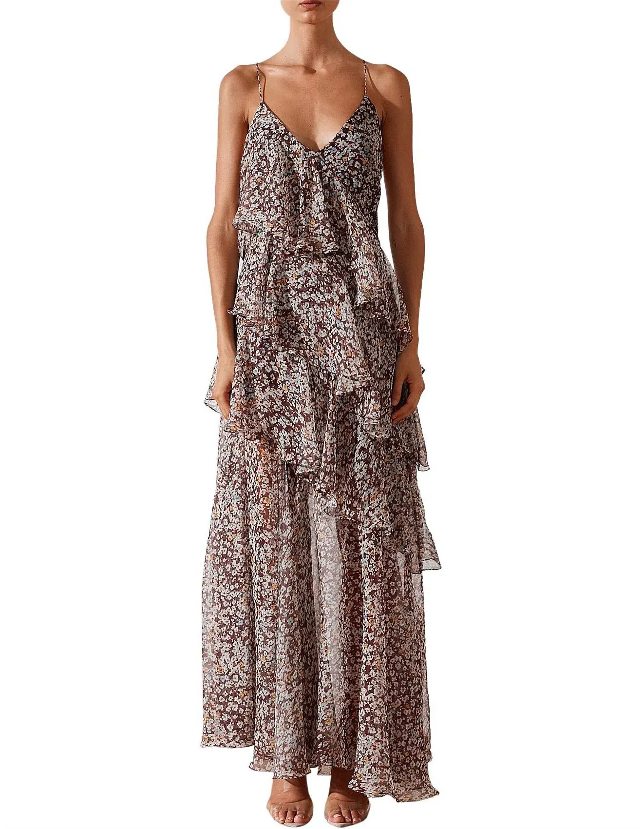 Shona Joy Garner Cross Back Tiered Maxi Dress  Retro Ditsy Floral Print In Chocolate Size 6 - Image 1