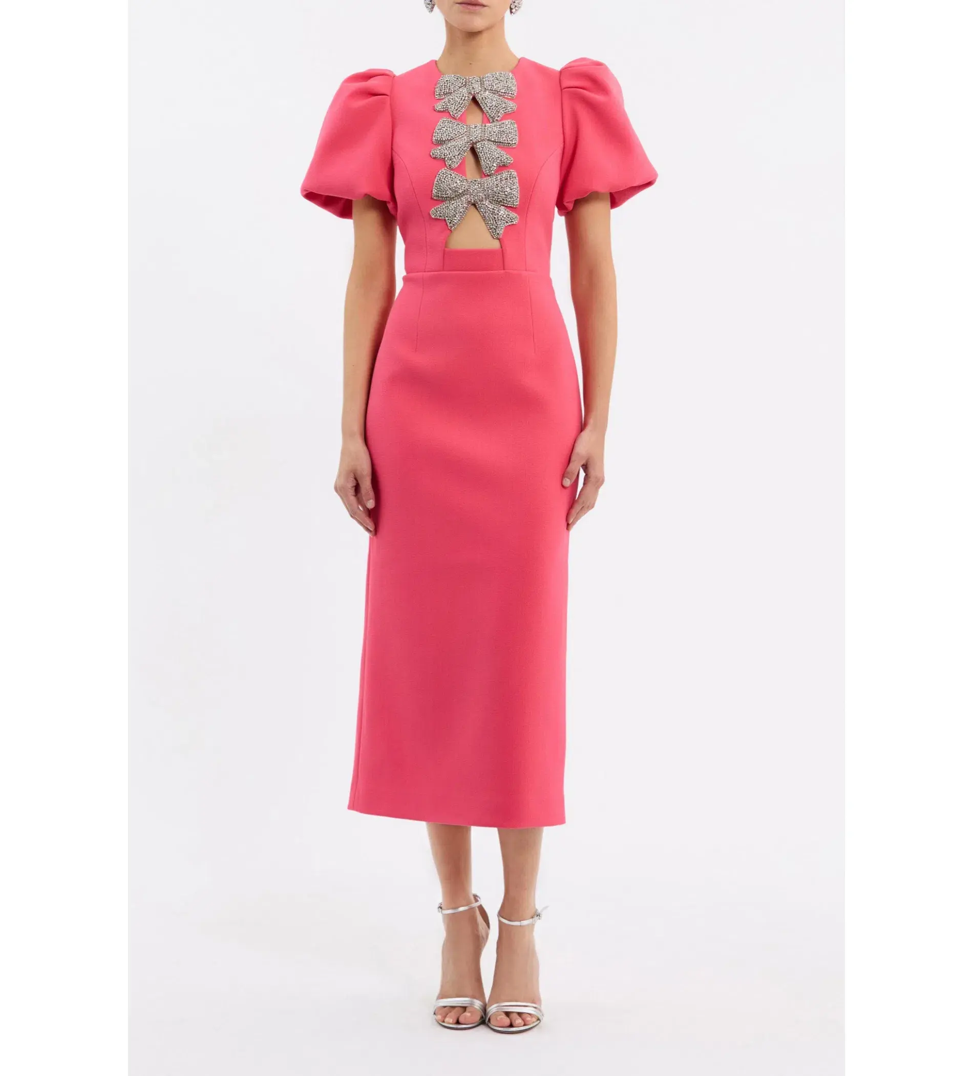 Rebecca Vallance Posey Puff Sleeve Midi Dress Rouge Red Pink Size 12 - Image 1