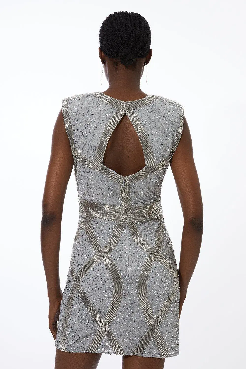 Karen Millen Embellished Strong Shoulder Woven Mini Dress Silver Size 16 - Image 2