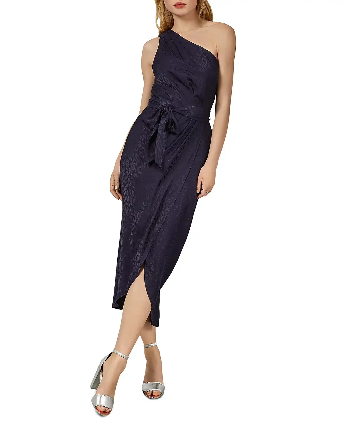 Ted Baker Zoeii Leopard Jacquard Asymmetric One Shoulder Dress Navy Size 5 / AU 16 - Image 1