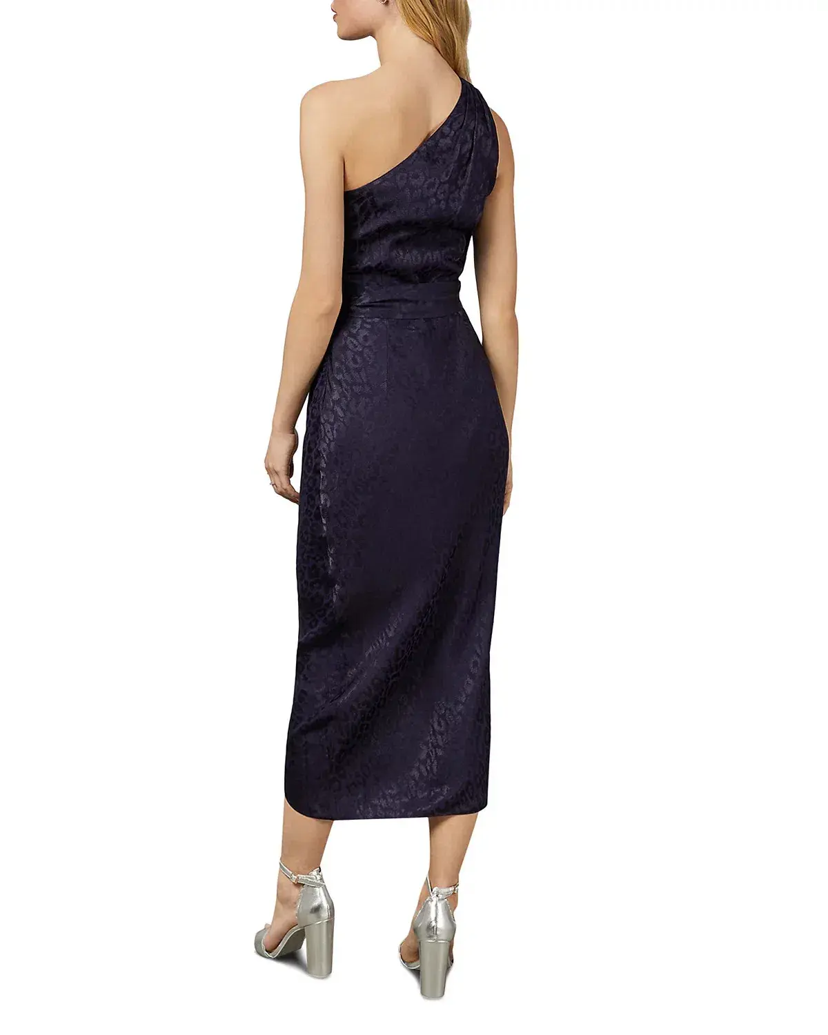 Ted Baker Zoeii Leopard Jacquard Asymmetric One Shoulder Dress Navy Size 5 / AU 16 - Image 3