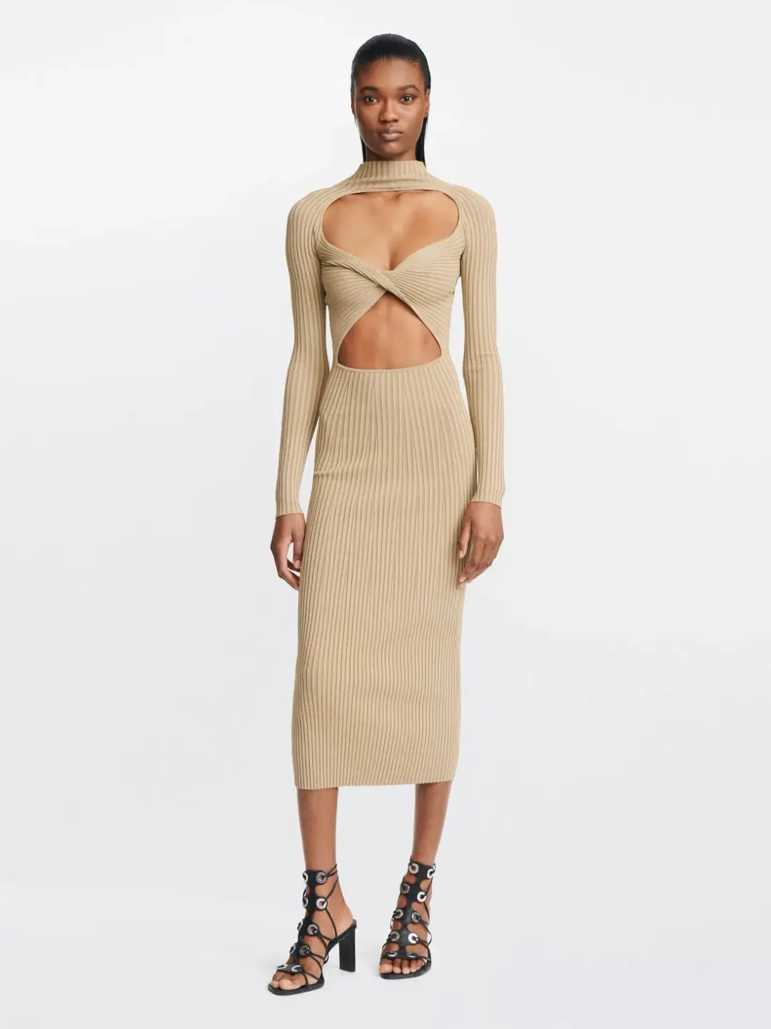 Dion Lee Stripe Rib Twist Midi Dress in Sahara Size M / AU 10  for rent on The Volte - main image