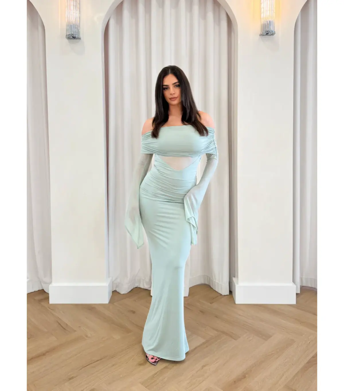 Meshki Kaitlin Slinky and Mesh Maxi Dress Basil Size S / AU 8 - Image 1