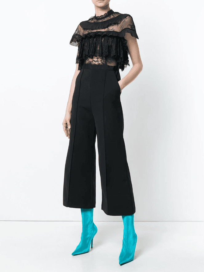 Self Portrait - Ruffle Trim Flared Jumpsuit Black Size 6 - Image 1