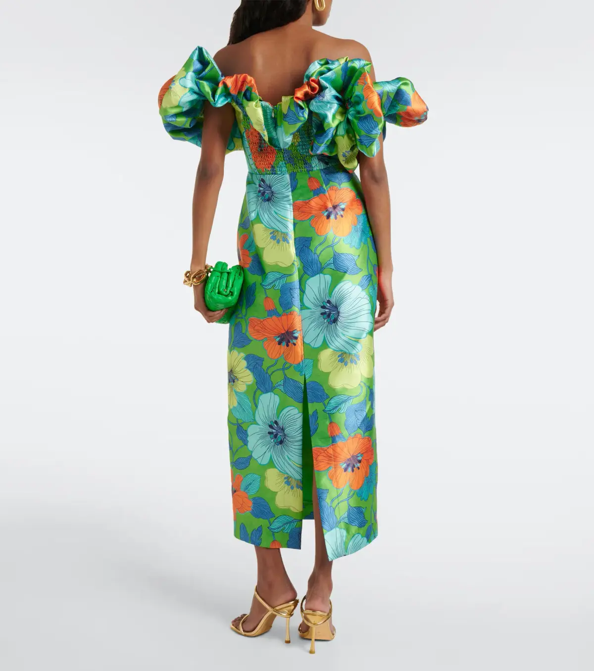Alemais Floral Satin Ruffled Midi Dress Green-Blue Flower Print Size 10 - Image 3