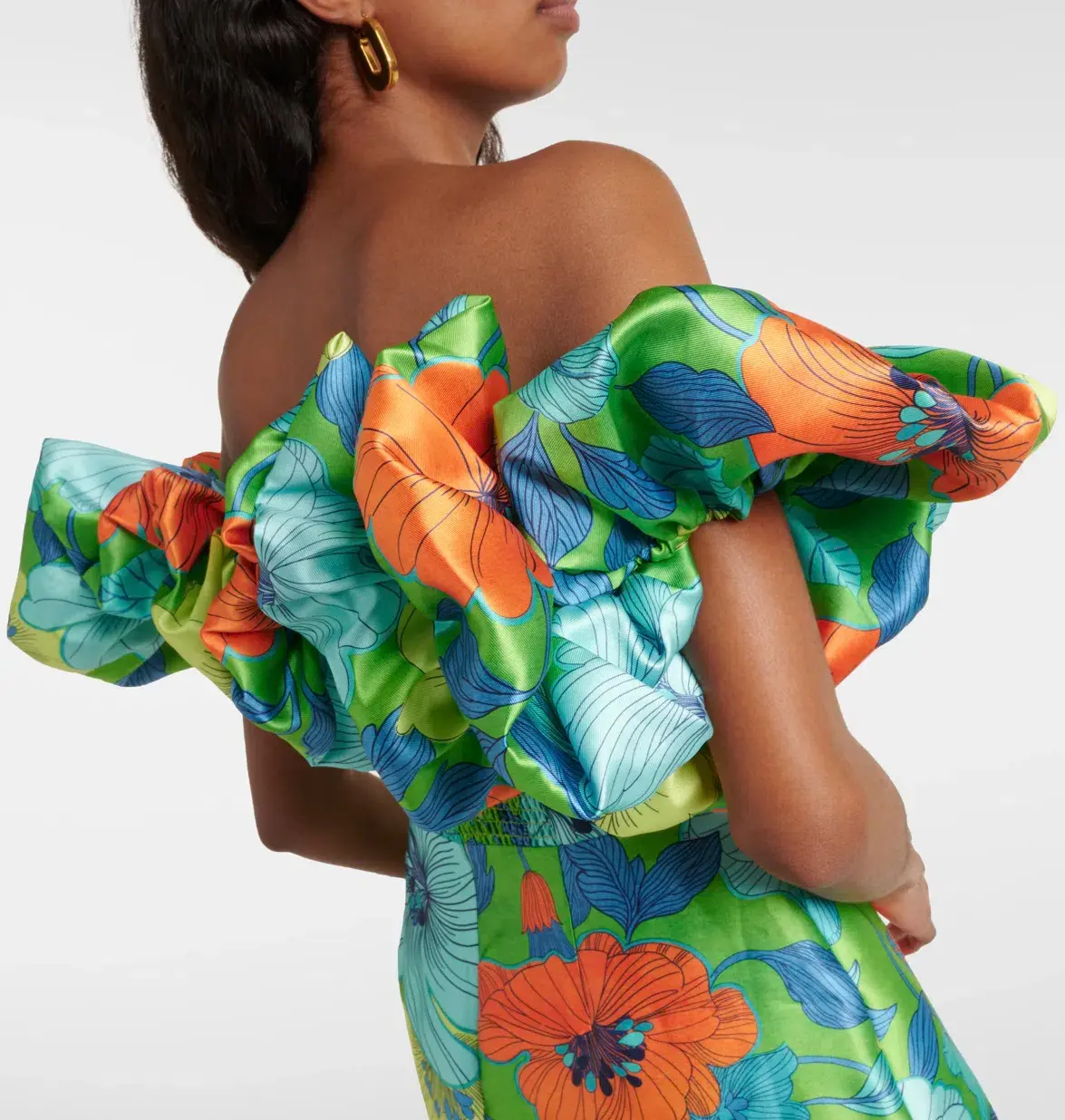Alemais Floral Satin Ruffled Midi Dress Green-Blue Flower Print Size 10 - Image 2