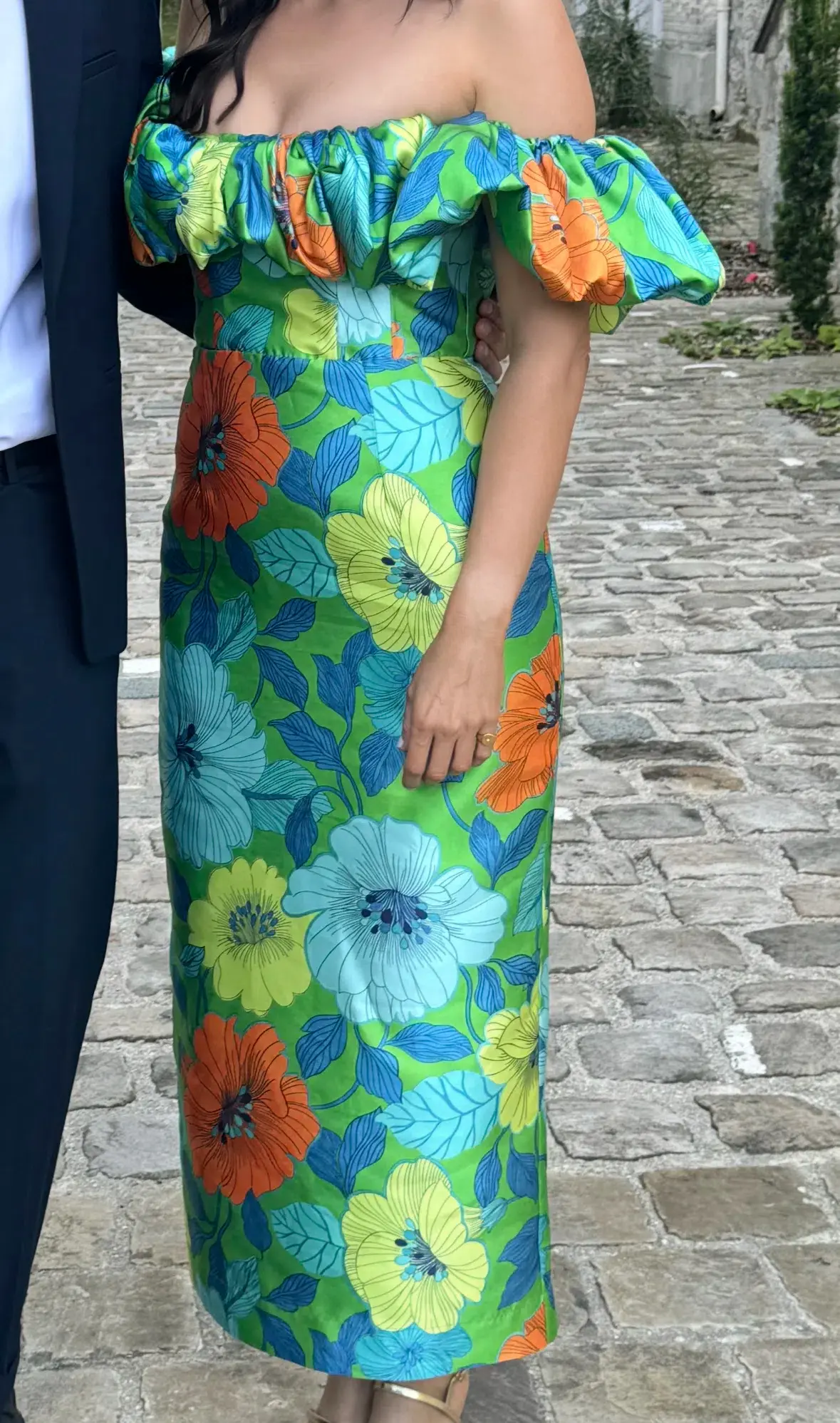 Alemais Floral Satin Ruffled Midi Dress Green-Blue Flower Print Size 10 - Image 5