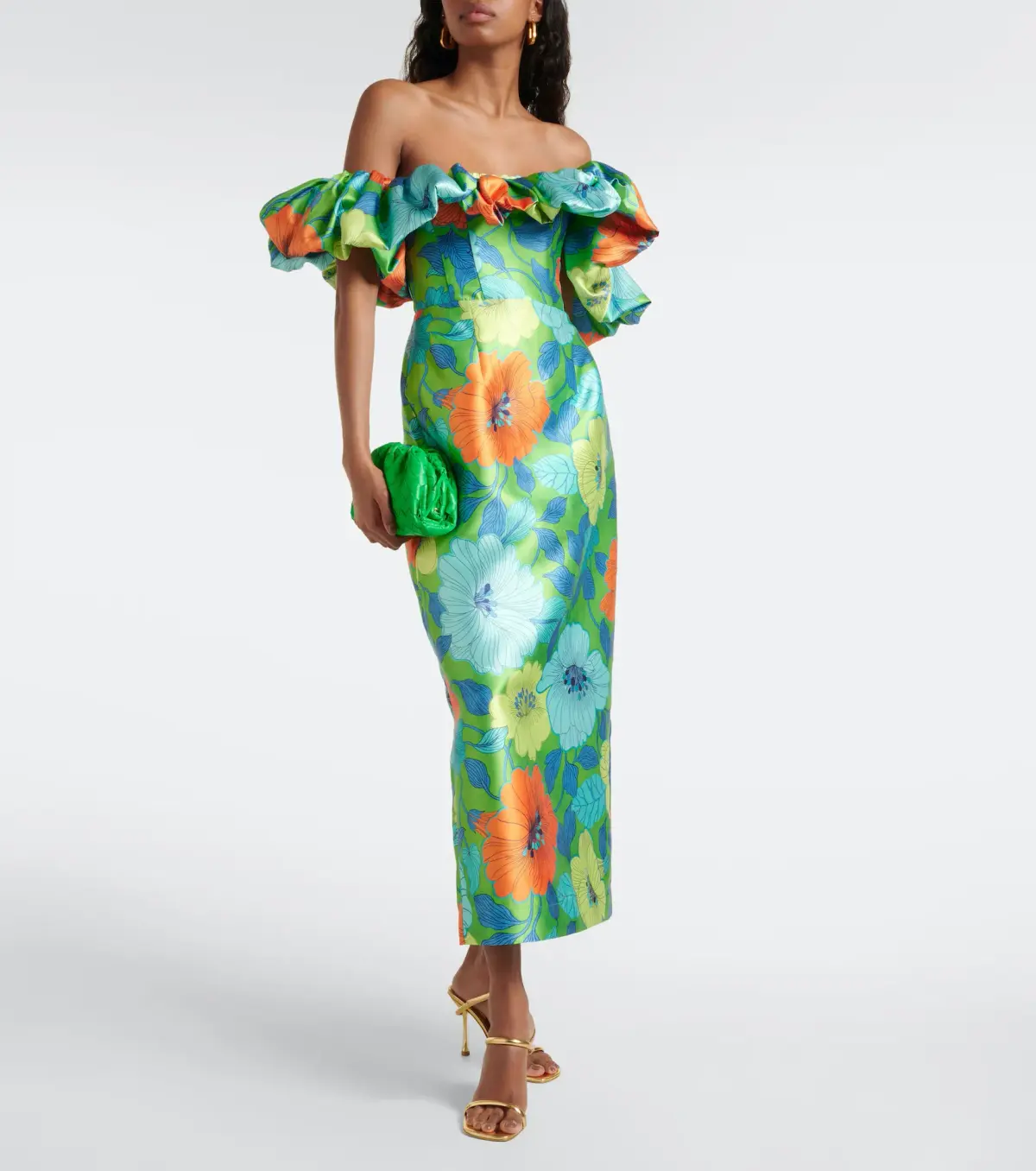 Alemais Floral Satin Ruffled Midi Dress Green-Blue Flower Print Size 10 - Image 1