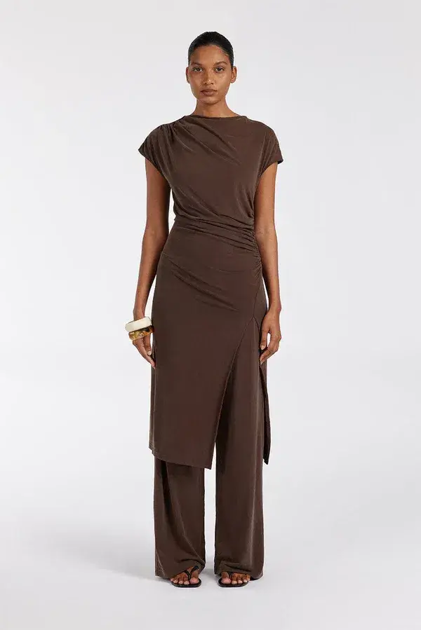 Dissh Rio Draped Tunic & Wide Leg Modal Pant Set Bitter Chocolate Size M / AU 10 for rent on The Volte - main image