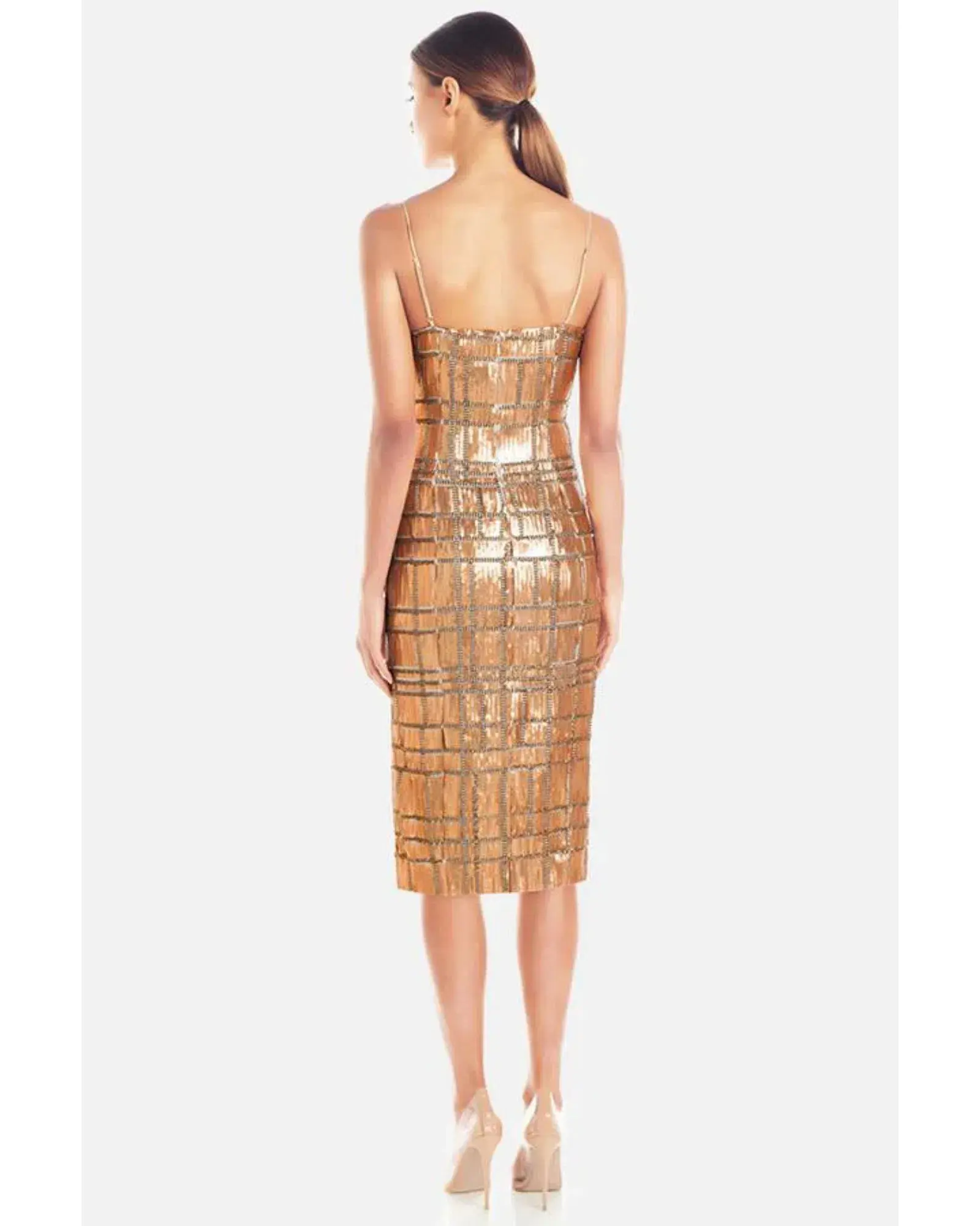 Misha Yvette Spaghetti Strap Thigh Split Midi Dress in Gold Sequin Size 10 - Image 2