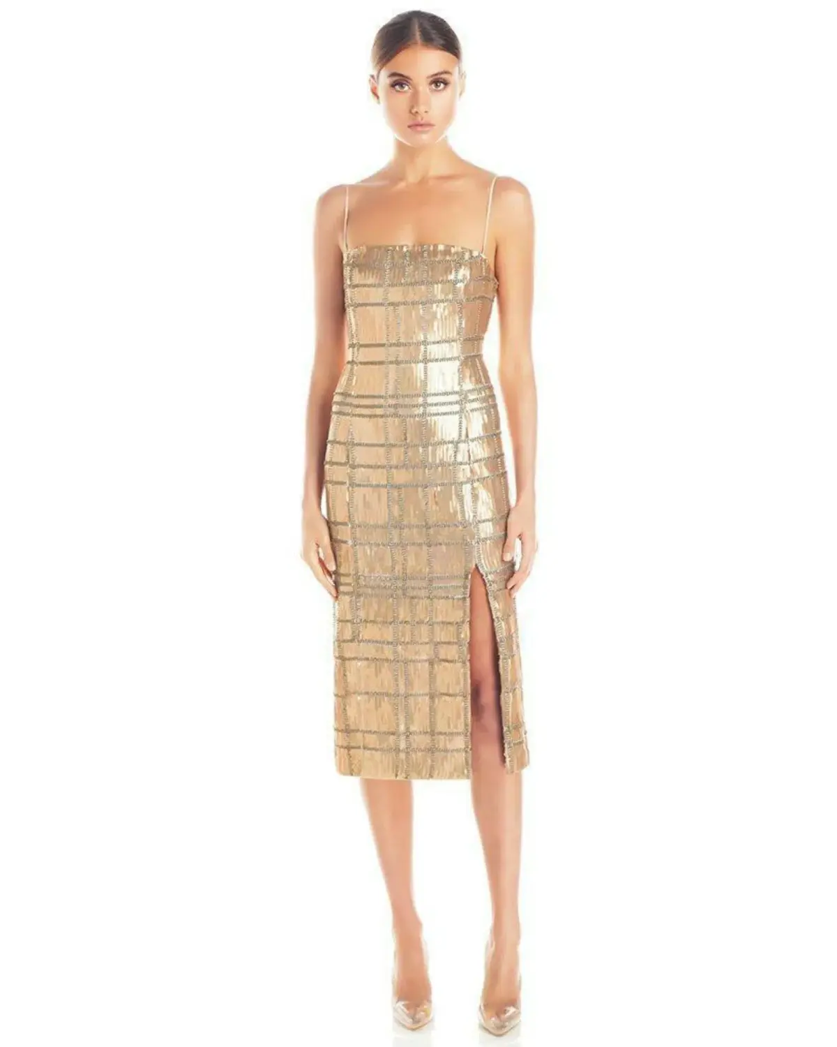 Misha Yvette Spaghetti Strap Thigh Split Midi Dress in Gold Sequin Size 10 - Image 1