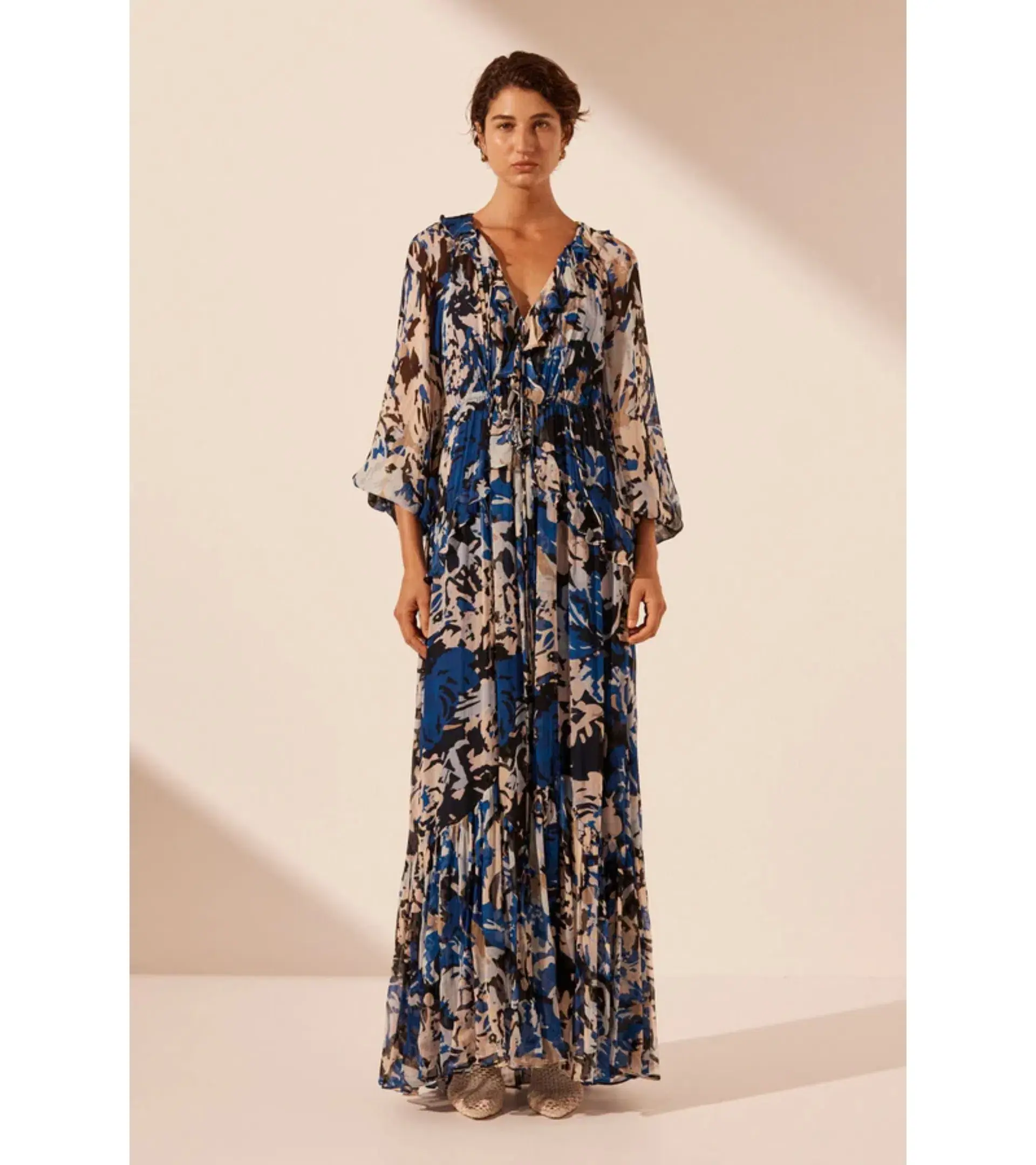 Shona Joy Olea Drawstring Ruffle Maxi Dress Print Size AU 16 - Image 1
