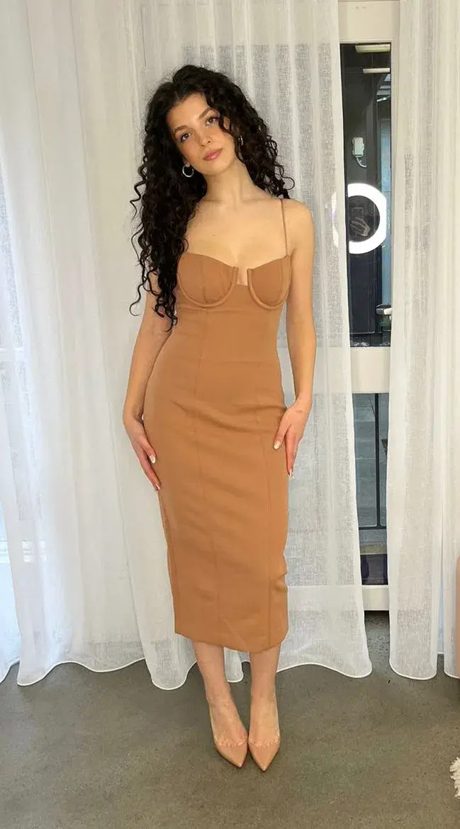 Misha Cristal Bonded Crepe Midi Dress Praline Brown Size 8/S - Image 5