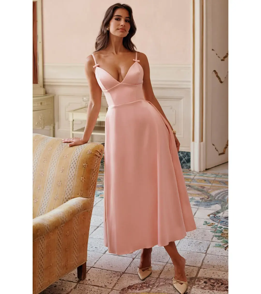 House of CB Tiffany Satin A-Line Midi Dress Parisian Pink Size S / AU 8 for rent on The Volte - main image