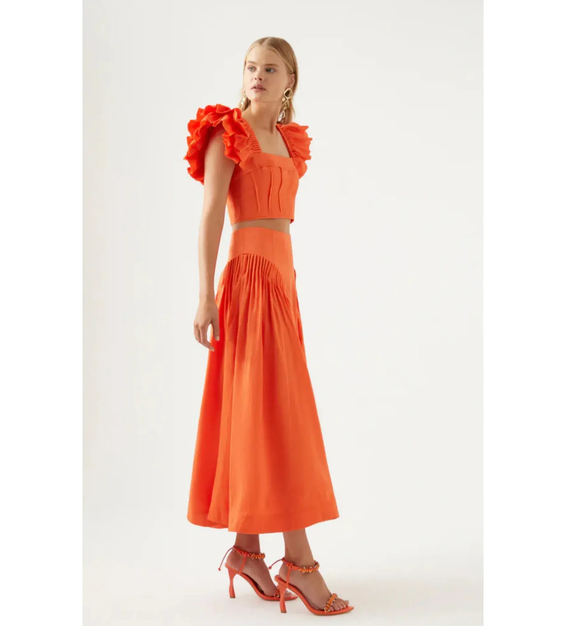 Aje Imagination Frill Sleeve Top Orange Size 14 & Yves Midi Skirt Size 12 - Image 2