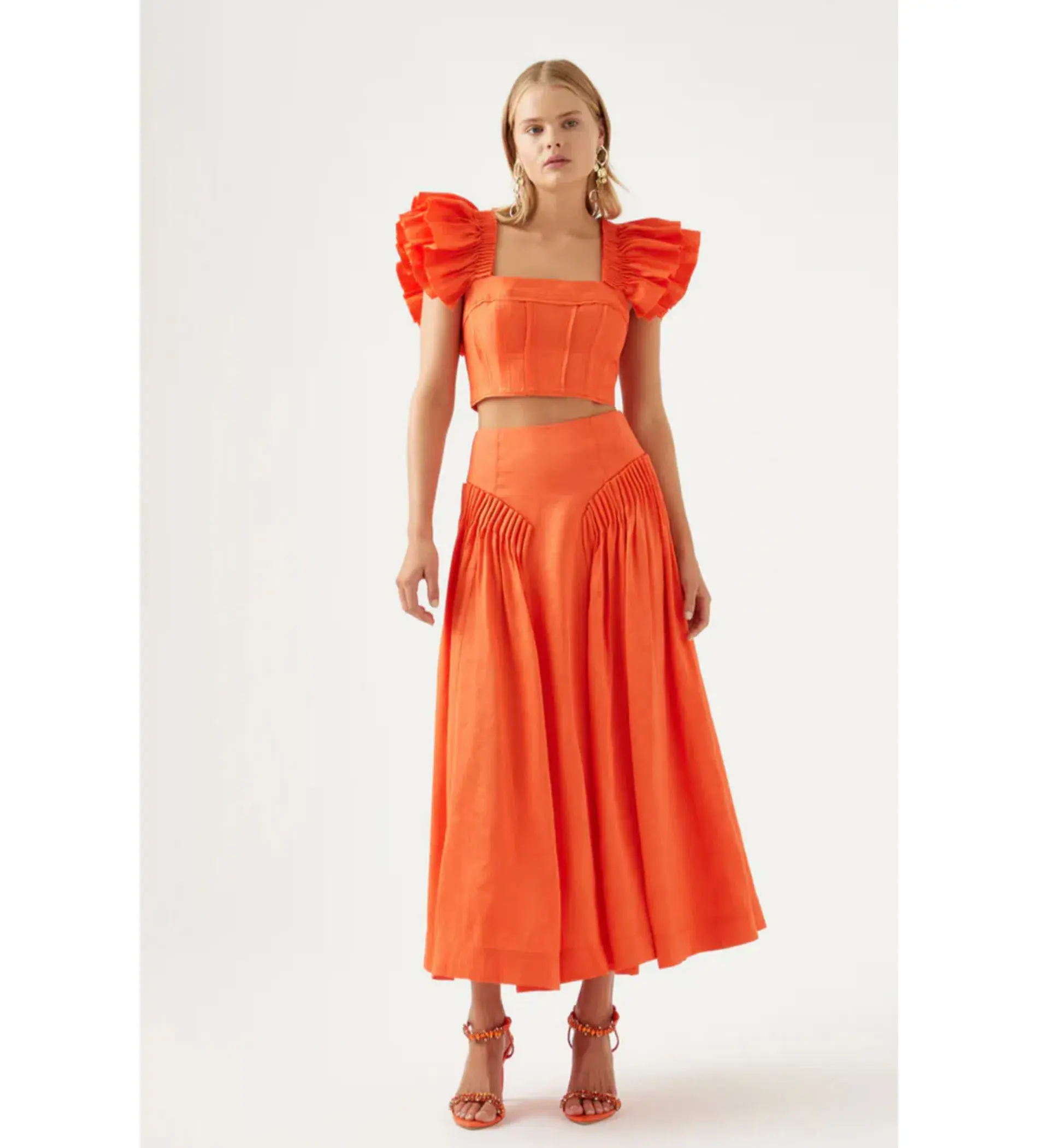 Aje Imagination Frill Sleeve Top Orange Size 14 & Yves Midi Skirt Size 12 - Image 1