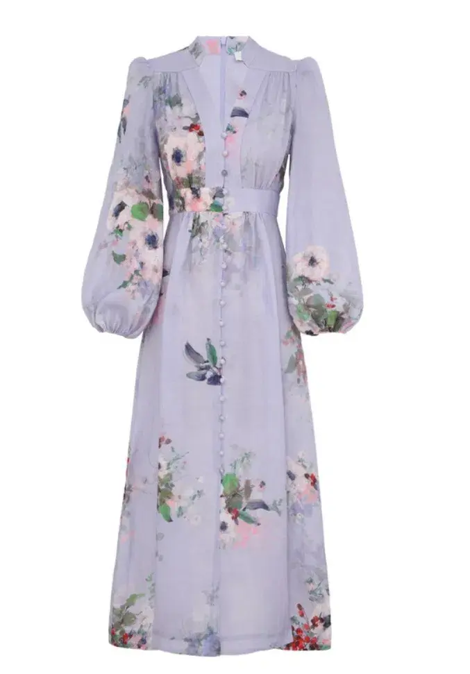 Zimmermann The Everley Plunge Midi Dress in Light Blue Watercolour Floral  Size 2/Au  12 - Image 4