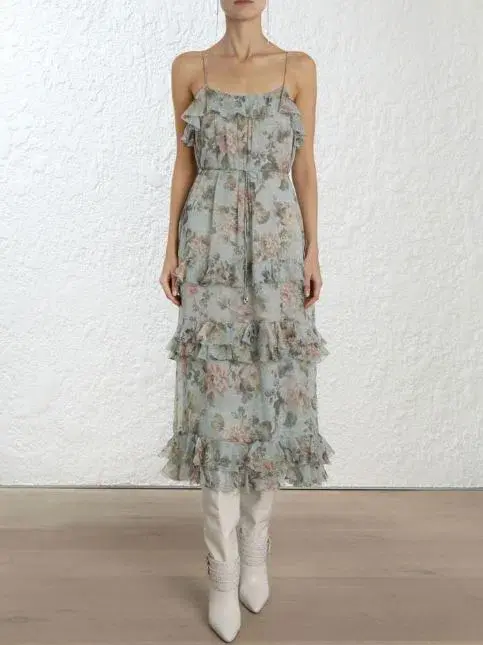 Zimmermann Dress Tempest Frolic Tiered Midi Dress Blue & Pink Size 14 for rent on The Volte - main image