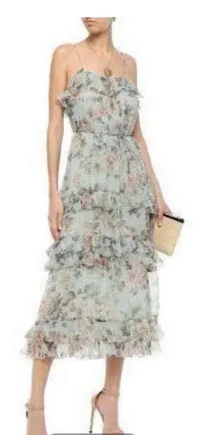 Zimmermann Dress Tempest Frolic Tiered Midi Dress Blue & Pink Size 14 for rent on The Volte - main image