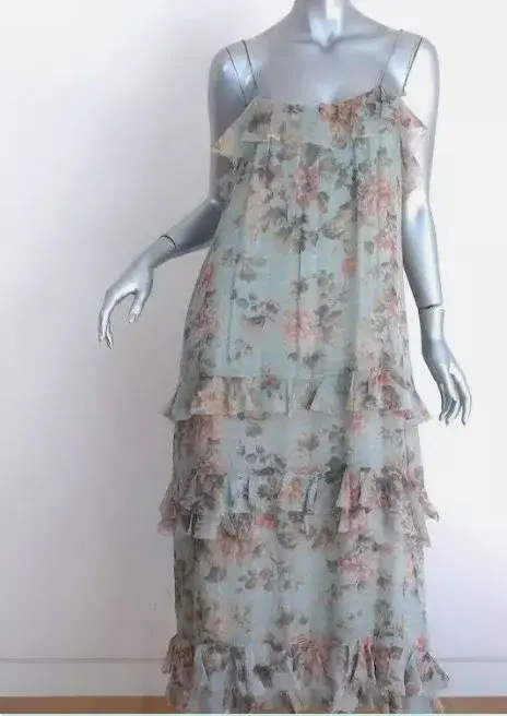Zimmermann Dress Tempest Frolic Tiered Midi Dress Blue & Pink Size 14 for rent on The Volte - main image