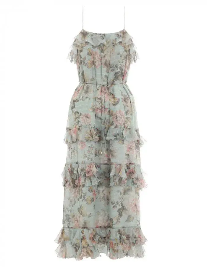 Zimmermann Dress Tempest Frolic Tiered Midi Dress Blue & Pink Size 14 for rent on The Volte - main image