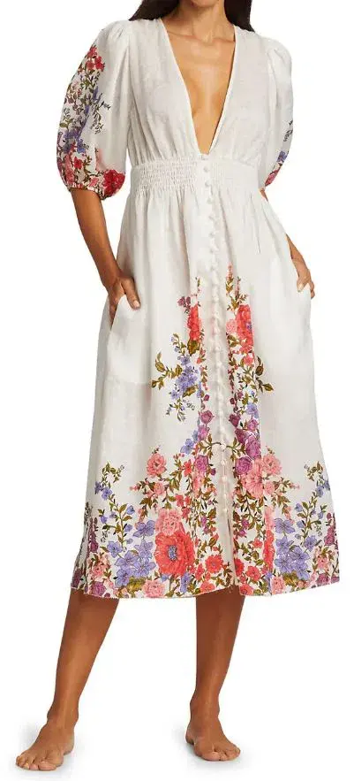 Zimmermann Poppy Shirred Waist Midi Dress White Size 12 - Image 5