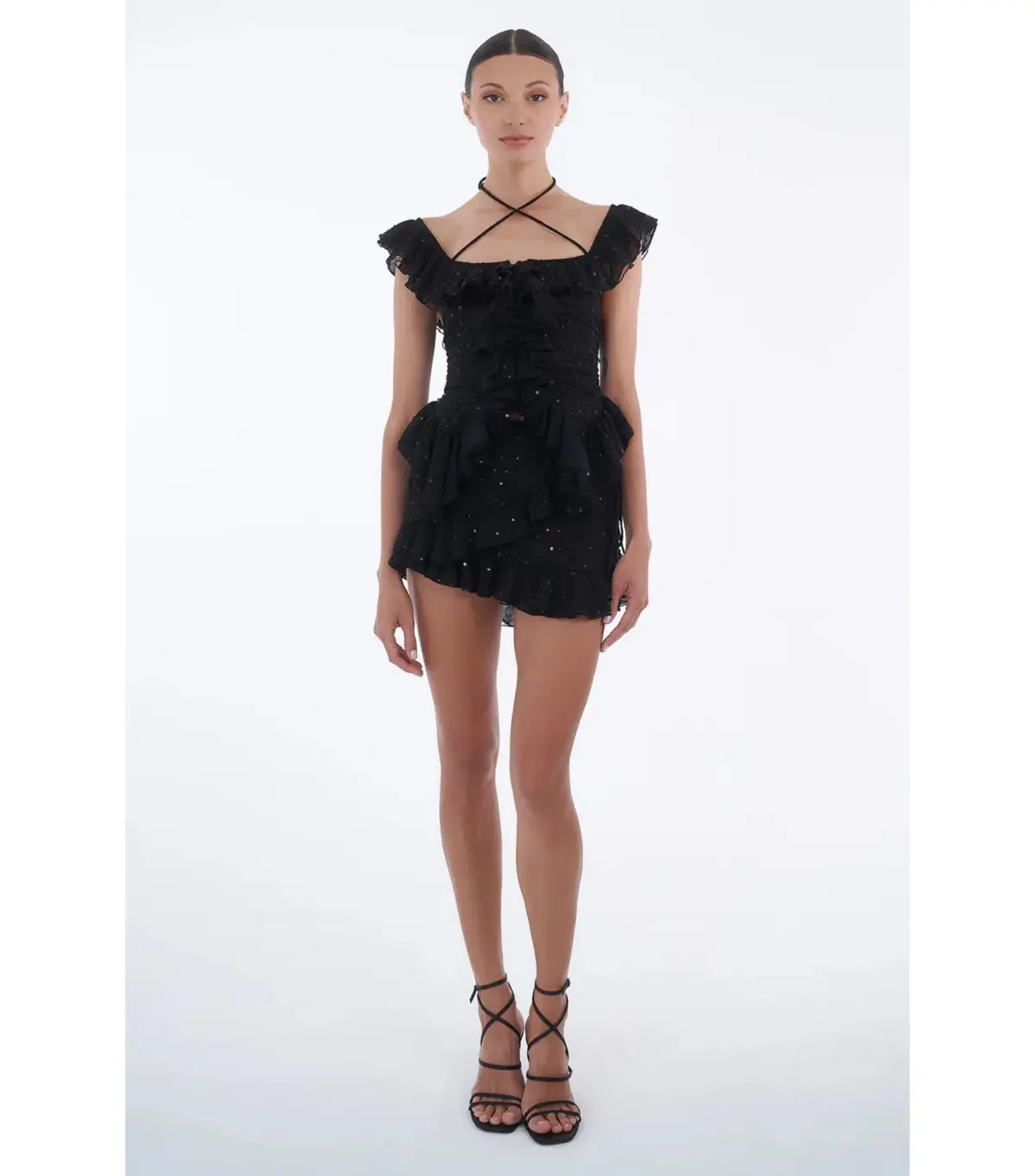 Dyspnea Froncè Ruched Top and Fleurie Frill Mini Skirt Set Black Size L / AU 12 - Image 1