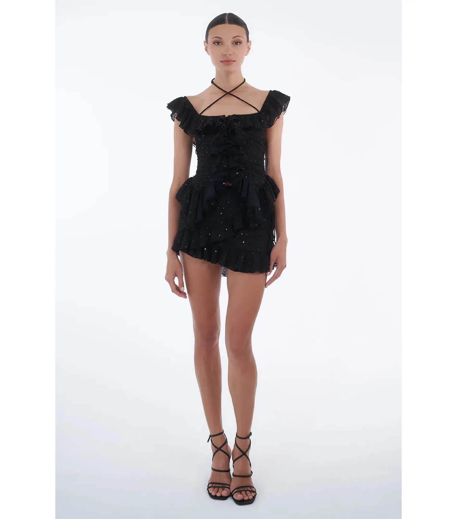 Dyspnea Froncè Ruched Top and Fleurie Frill Mini Skirt Set Black Size L / AU 12 - Image 1