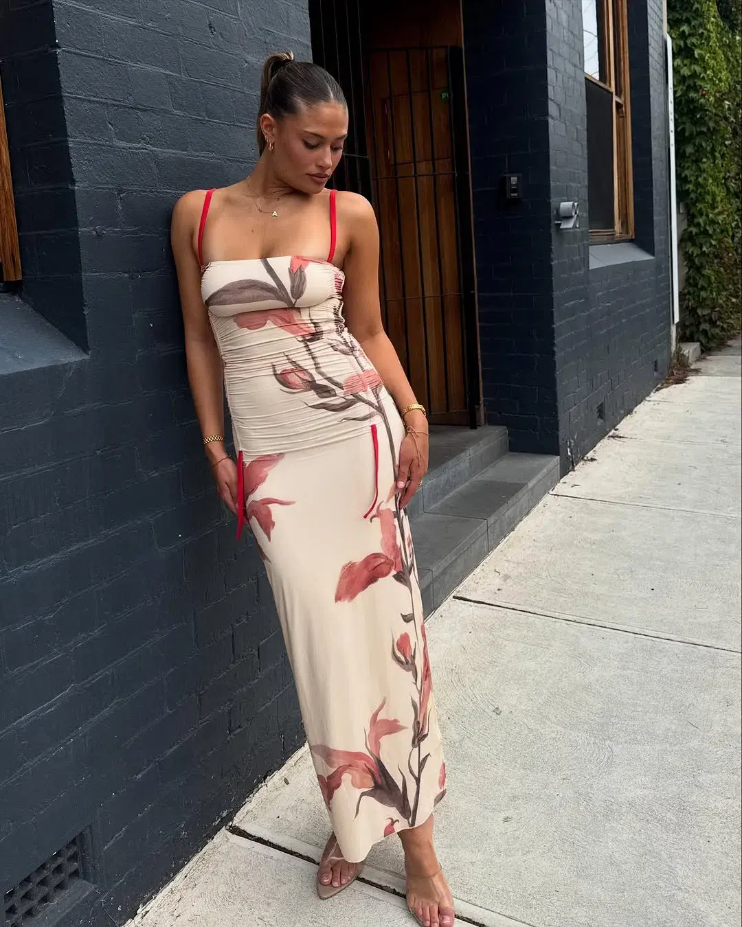 Sir The Label Hana Ruched Midi Dress Gladioli Print Size 10 for rent on The Volte - main image