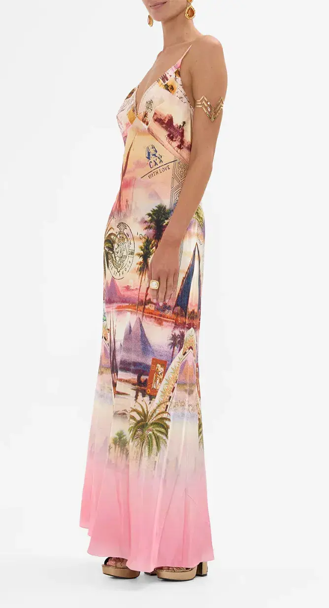 Camilla V Neck Full Length Bias Slip Dress Millas Got Mail Print Size L / AU 14 - Image 2